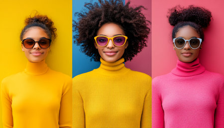 Three Stylish Women, Same Energy A Celebration of Individuality and Fashion on Vibrant Backgroundsの素材