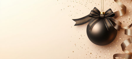 Elegant Black Christmas Ornament With Luxurious Ribbon On Sparkling Golden Backgroundの素材