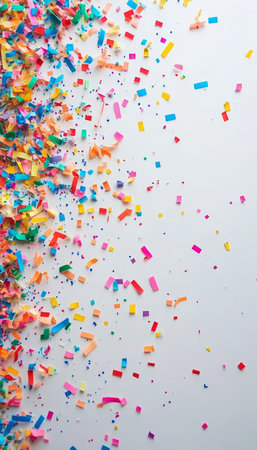 Vibrant Colorful Confetti Border on White Background, Festive Party Celebration Design Elementの素材