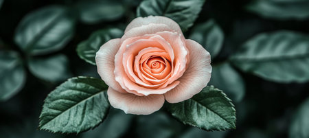 Single peachy rose blossom, blooming flower. Close up spring backdrop with delicate petalsの素材