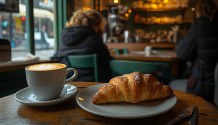 Freshly Baked Croissant and Cappuccino Enjoying a Delicious Breakfast at a Parisian Cafeの素材