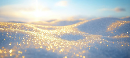 Winter Snowdrift Landscape With Golden Light. Abstract Christmas Snowy Background, Copy Spaceの素材