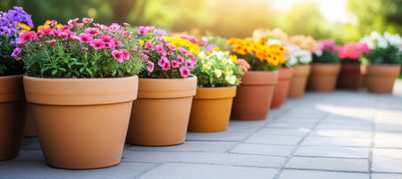 Colorful Potted Flowers on Sunny Terrace Vibrant Blooms for Cheerful Outdoor Decor and Gardeningの素材