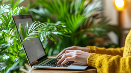 Woman Working Remotely From Home Office Desk, Typing on Laptop Amidst Lush Green Houseplantsの素材