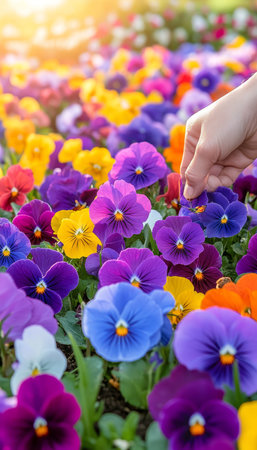 Child s Hand Gently Touching Vibrant Pansies in a Colorful Garden, Spring Flowers in Bloomの素材