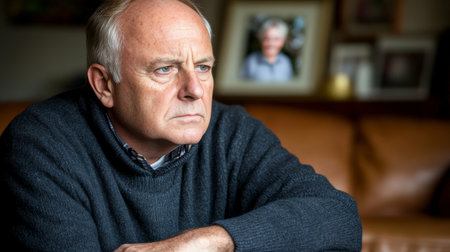 Memories Fade, Love Remains Pensive Senior Reflects On Life With Family Photo In Backgroundの素材