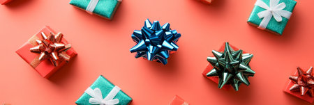 Coral Background with Scattered Mini Gift Boxes Decorated with Bows, Perfect for Celebrationsの素材