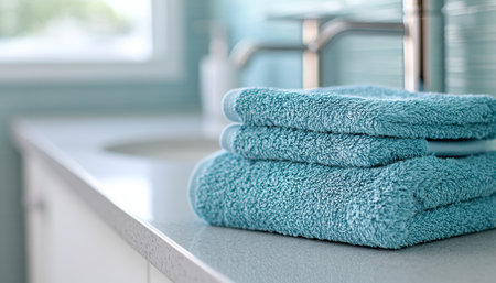 Freshly Laundered Soft Blue Towels Stacked on a Bathroom Counter, Offering a Spa Ambiance.の素材