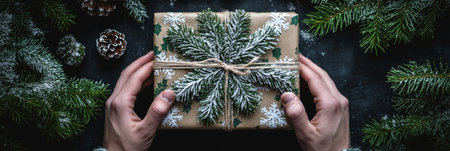 Festive hands tying twine on Christmas gift with evergreen accents, holiday wrapping flat-layの素材