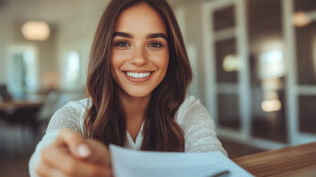 Smiling Businesswoman Holding Out Document For Signature, Offering Contract, Agreementの素材