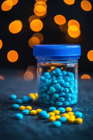 Blue and Yellow Pills Spilled From a Plastic Container With a Blurred Bokeh Backgroundの素材