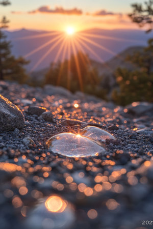 Golden Sunrise Over Tranquil Mountain Range, Shallow Depth of Field, Bokeh Effect, Copy Space.の素材