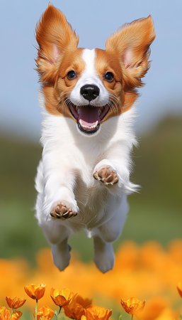Happy, Playful Dog Leaping Through Field Of Orange Flowers, Joyful Canine Pet Photographyの素材