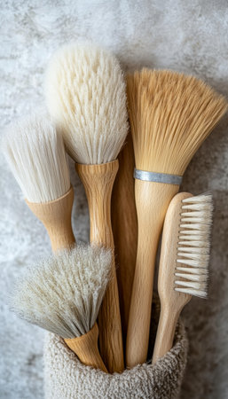 Brushes of Different Shapes, Colors, and Textures in a Holder, Soft Focus Background.の素材