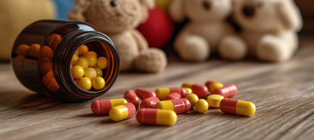 Prescription Pills Spilled on Wooden Floor, Danger to Children Concept, Teddy Bears Background.の素材