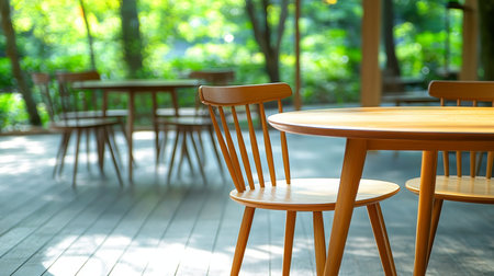 Alfresco Dining Empty Wooden Table and Chairs on a Sunny Terrace, Surrounded by Lush Greeneryの素材