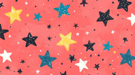 Peach Background with Colorful Stars, Playful Summery Pattern, Whimsical Celestial Printの素材