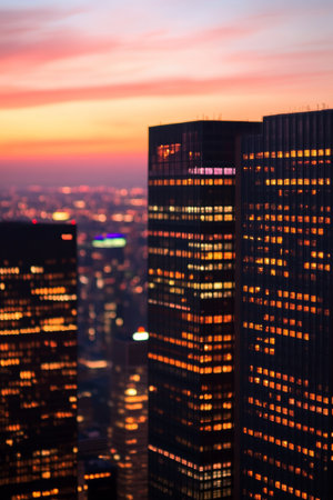 Urban Sunset Silhouette Colorful Bokeh Background with Skyscrapers, Cityscape at Twilightの素材