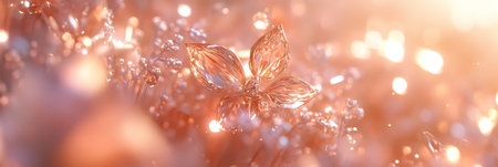Shiny Crystal Flower In Dew With Abstract Blurred Sparkling Bokeh Background, Banner.の素材