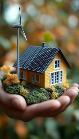 Eco Friendly Home with Wind Turbine, Renewable Energy, Sustainability Concept in Handsの素材