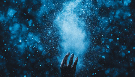 Magic In The Air Hand Releases Sparkling Blue Dust Particles, Creating Dreamlike Bokeh Effectの素材