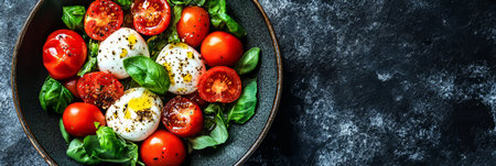 Fresh Caprese Salad with Tomatoes, Mozzarella Cheese, and Basil, Close-up, Dark Backgroundの素材