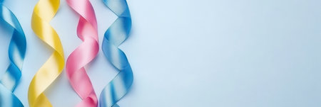 Colorful Intertwined Ribbons on Blue Background Abstract Design with Ample Copy Spaceの素材