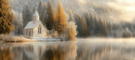 Serene Church on Foggy Lake With Mountain Forests in Winter Lake Landscape, Copy Spaceの素材
