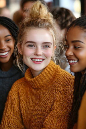 Three Young Women, From Diverse Backgrounds, Sharing a Joyful Moment Together, Close Upの素材