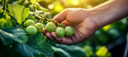 Sun-kissed Harvest Hand Gently Picks Ripe Gooseberries From a Lush Green Bush on a Summer Dayの素材
