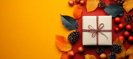 Autumn Decoration with Gift Box, Fall Leaves, and Berries on Yellow Background with Copy Spaceの素材