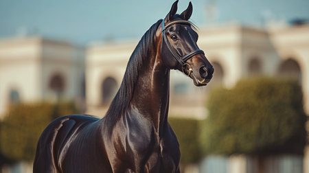 Portrait of a Graceful Black Horse, Equestrian Beauty on a Blurred Background with Copy Spaceの素材