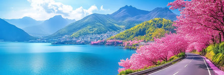 Panoramic View of Scenic Winding Road Lined with Blooming Cherry Blossom Trees by Azure Lakeの素材