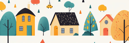 Colorful Neighborhood Illustration, Cozy Homes in a Vibrant Village Scene with Stylized Treesの素材