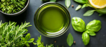 Fresh Herbal Infusion Aromatic Herbs Combine with Extra Virgin Olive Oil for Culinary Delightの素材