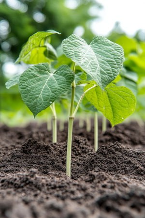 Young Bean Plants in Fertile Soil A Close-Up on Sustainable Growth, Agriculture Backgroundの素材