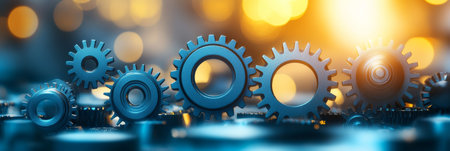 Dynamic abstract background featuring gears and cogs in vibrant blue and yellow huesの素材