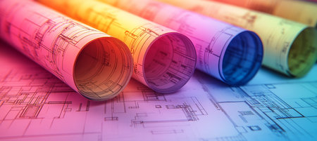 Colorful Construction Plans Design A Blurred Vision Of Architectural Blueprints In Vivid Huesの素材