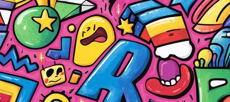 Doodle Chaos with Letters and Geometric Shapes on a Fuchsia Background, Full of Vibrant Colors.の素材