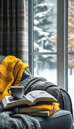 Cozy Winter Reading Nook. Grey Armchair with Yellow Plaid, Mug, Book, Window View, and Snowy Woods.の素材