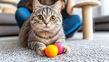 Playful Tabby Cat Enjoys Interactive Fun with Colorful Toys and Owner on a Cozy Carpet.の素材