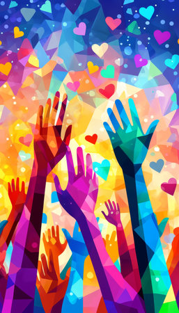 Colorful Unity Diverse Hands And Symbolic Hearts Promote Social Change, Community, And Supportの素材