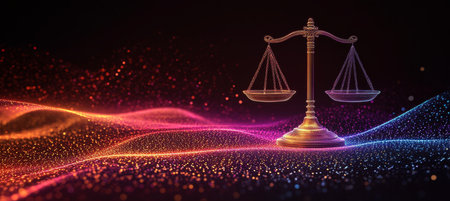 Scales of Justice on Abstract Digital Background, Legal and Law Concept With Futuristic Designの素材