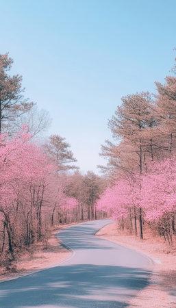 Scenic Winding Road Through a Tunnel of Blooming Cherry Blossom Trees, Springtime Landscapeの素材