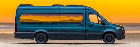 Modern Van with Sunset Mountain Landscape Scenic Artwork Parked on a Serene Beach at Sunsetの素材