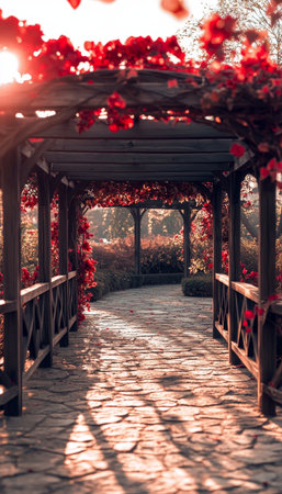 A tranquil sunrise in a garden  soft pastels and warm light illuminate nature s awakeningの素材