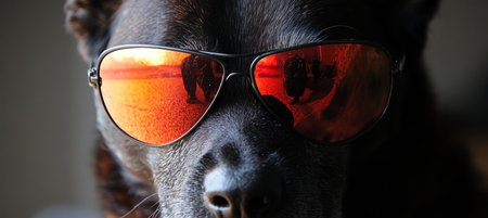 Cool Canine Closeup A Dog with Mirrored Aviator Sunglasses Reflecting a Vibrant Sceneの素材