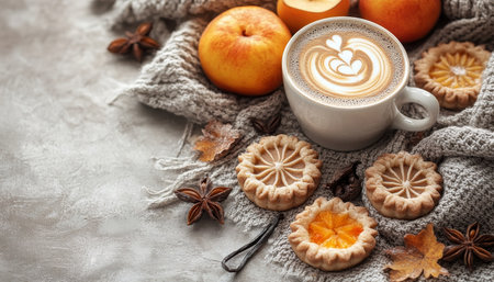 Autumn Still Life. Coffee, Cookies, Peaches, and Warm Plaid on a Gray Concrete Backgroundの素材