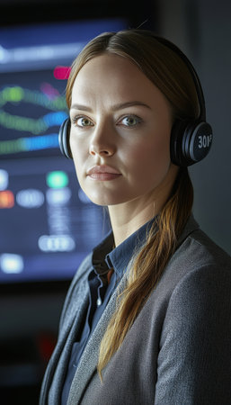 Serious Businesswoman in Headphones Monitoring Data on Multiple Screens in Control Centerの素材