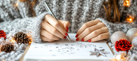 Woman Writing Winter Wishes, Surrounded by Festive Decorations, Cozy Knitwear, and Sparkling Lightsの素材